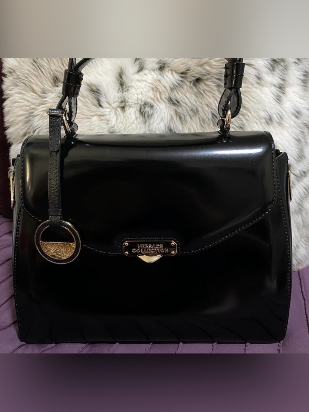 Versace Collection Black Patent Leather Shoulder Bag with Gold Hardware
